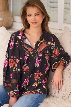 Eliza Blouse - Frill Collar Button Down Lace Detailed Blouse in Monarch Bloom Print>Jaase New