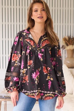 Eliza Blouse - Frill Collar Button Down Lace Detailed Blouse in Monarch Bloom Print><noscript><img width=