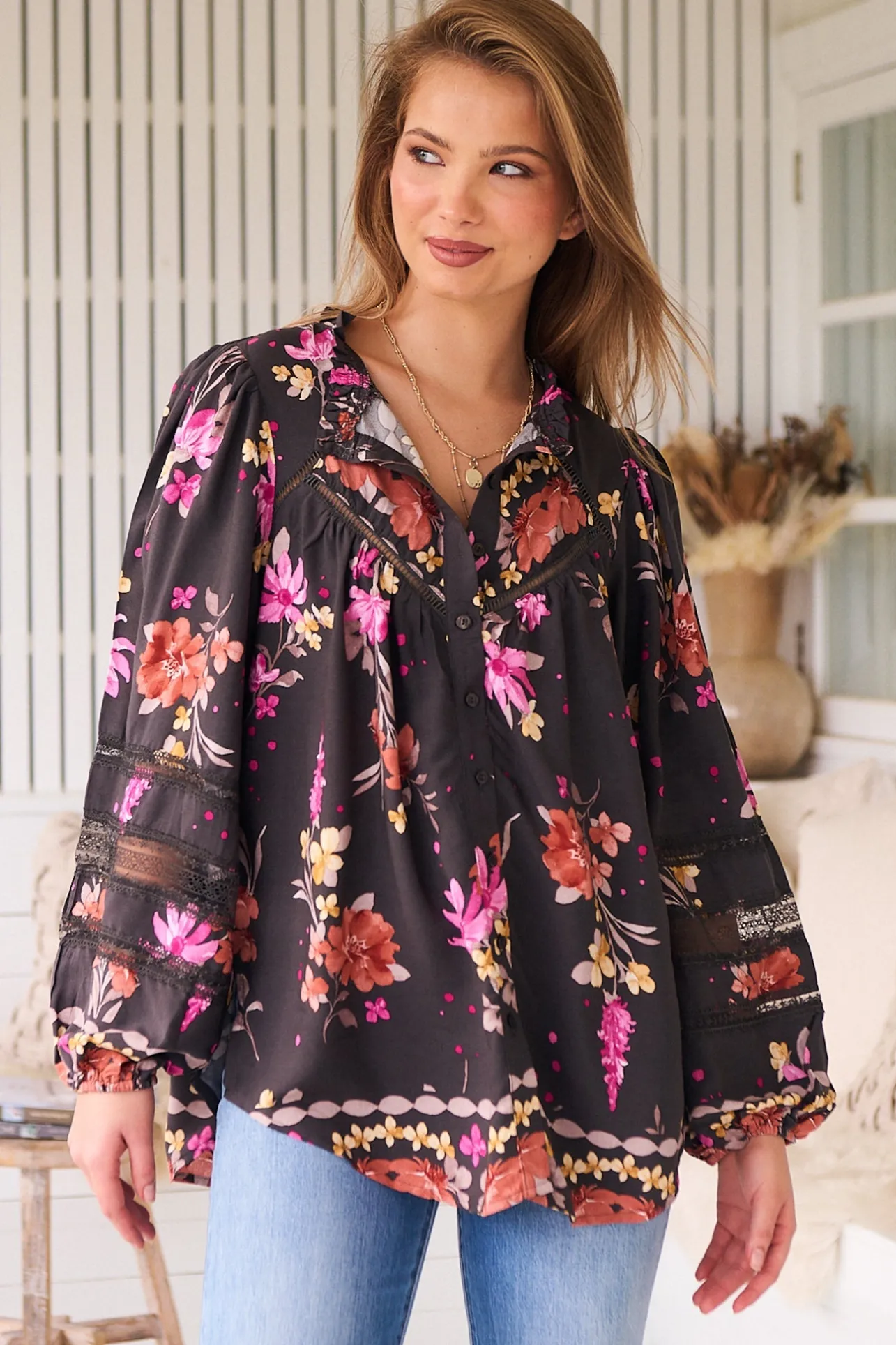 Eliza Blouse - Frill Collar Button Down Lace Detailed Blouse in Monarch Bloom Print>Jaase New