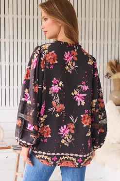 Eliza Blouse - Frill Collar Button Down Lace Detailed Blouse in Monarch Bloom Print><noscript><img width=