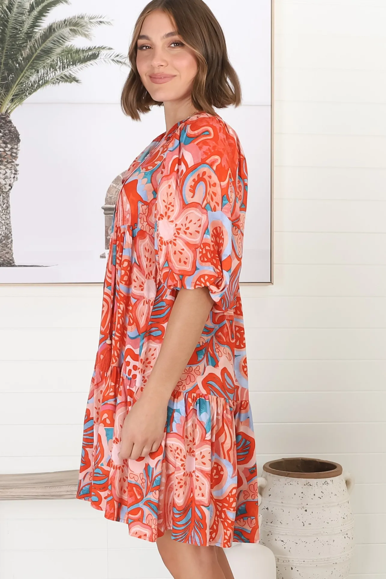 Elkie Mini Dress - Graphic Print Tiered Smock Dress with Balloon Sleeves>Salty Crush Outlet