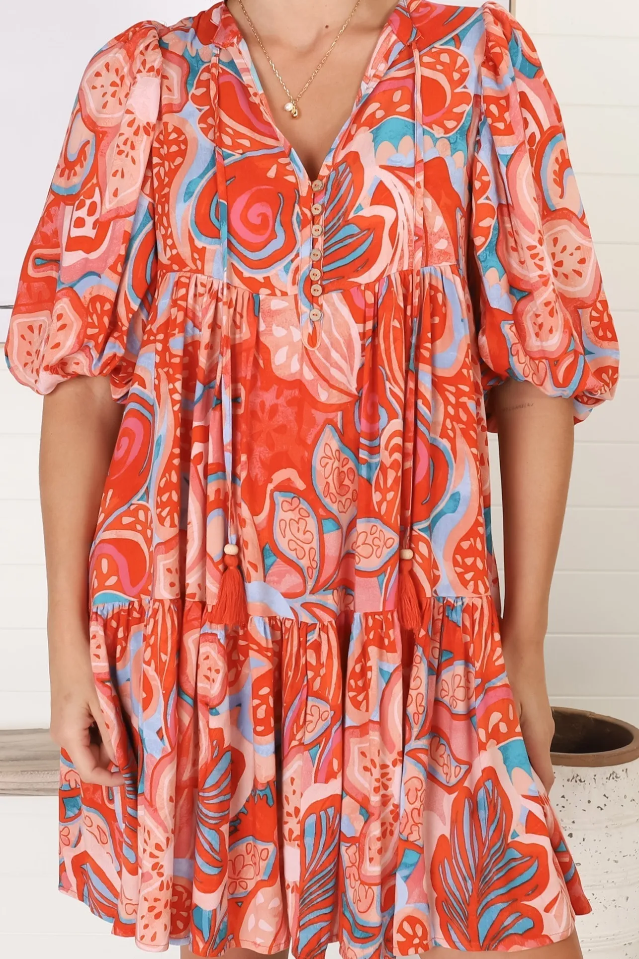 Elkie Mini Dress - Graphic Print Tiered Smock Dress with Balloon Sleeves>Salty Crush Outlet