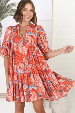 Elkie Mini Dress - Graphic Print Tiered Smock Dress with Balloon Sleeves><noscript><img width=