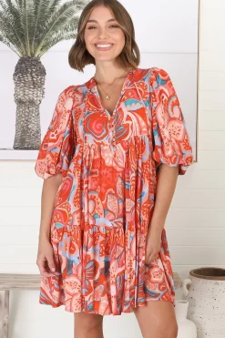 Elkie Mini Dress - Graphic Print Tiered Smock Dress with Balloon Sleeves><noscript><img width=
