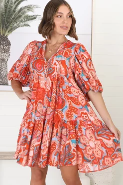Elkie Mini Dress - Graphic Print Tiered Smock Dress with Balloon Sleeves><noscript><img width=