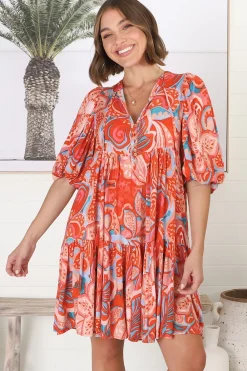 Elkie Mini Dress - Graphic Print Tiered Smock Dress with Balloon Sleeves><noscript><img width=