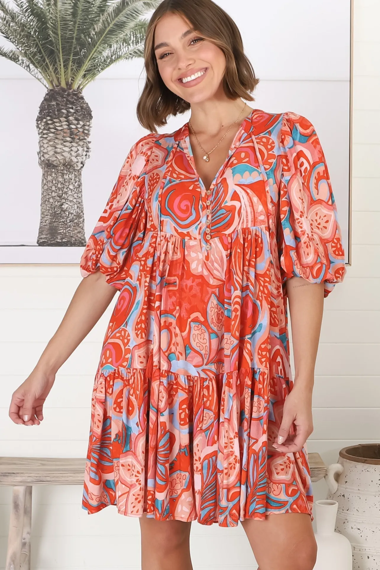Elkie Mini Dress - Graphic Print Tiered Smock Dress with Balloon Sleeves>Salty Crush Outlet