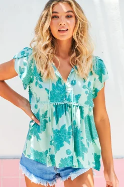 Ella Top - Butterfly Cap Sleeve Smock Top with Neck Tie in Capri Sea Print><noscript><img width=