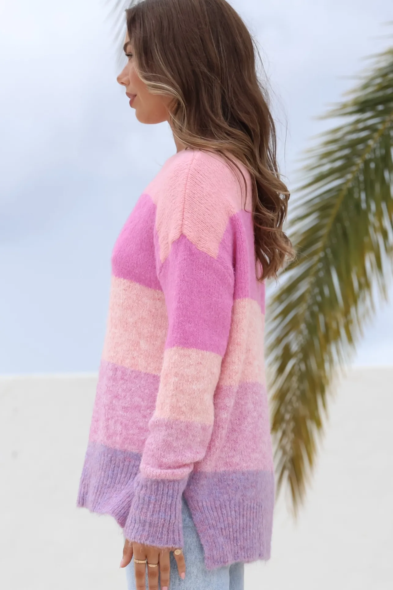 Elle Jumper - Crew Neck Stripe Jumper in Pink>Salty Crush Online