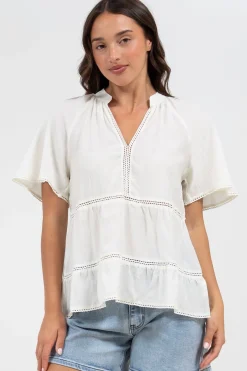 Ellery Top - Mandarin Collar Smock Top with Ladder Lace Insert Splicing in White>Salty Crush Online