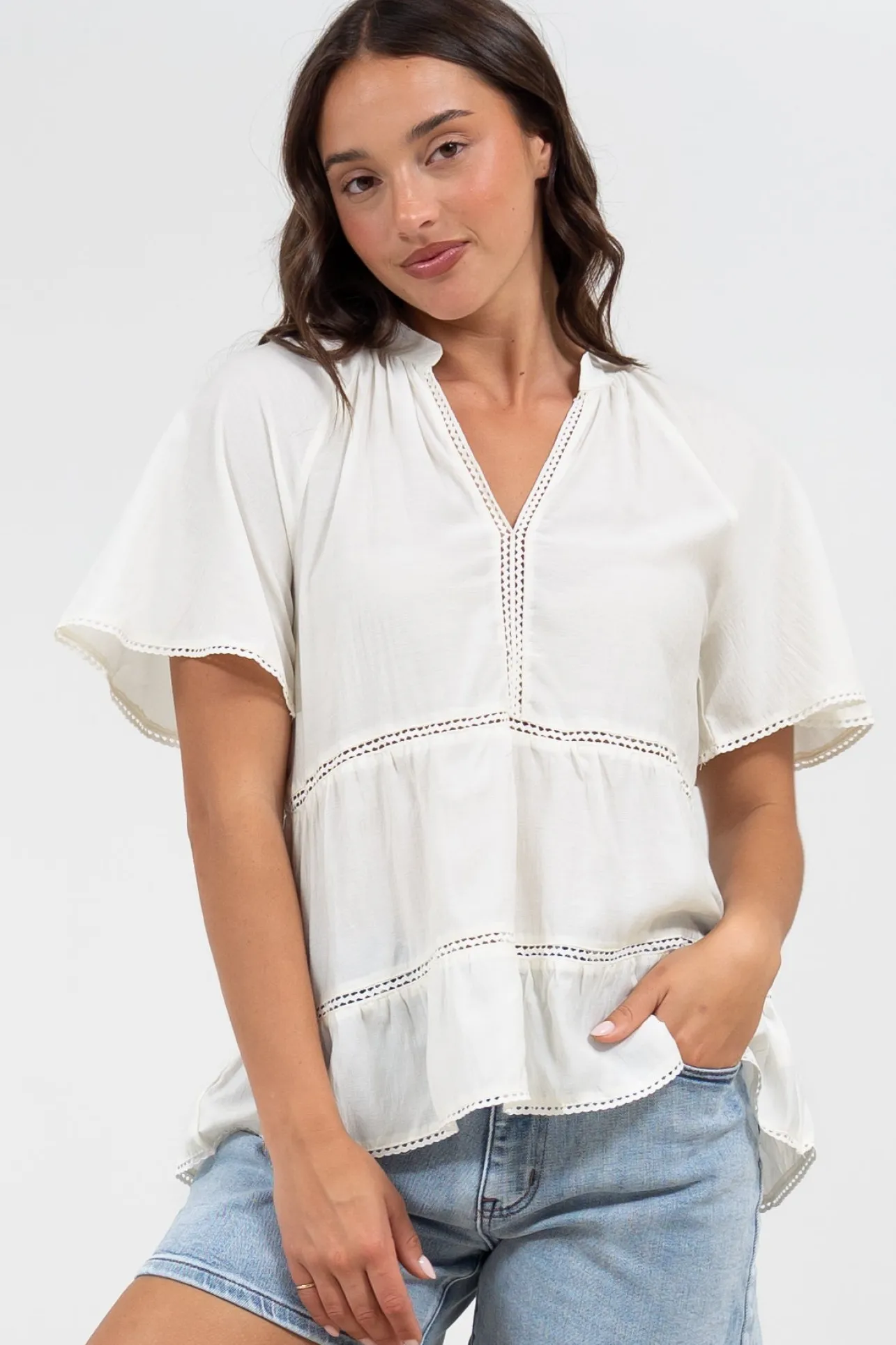 Ellery Top - Mandarin Collar Smock Top with Ladder Lace Insert Splicing in White>Salty Crush Online