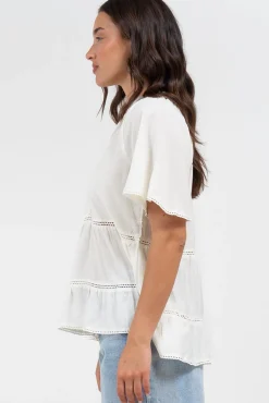Ellery Top - Mandarin Collar Smock Top with Ladder Lace Insert Splicing in White><noscript><img width=
