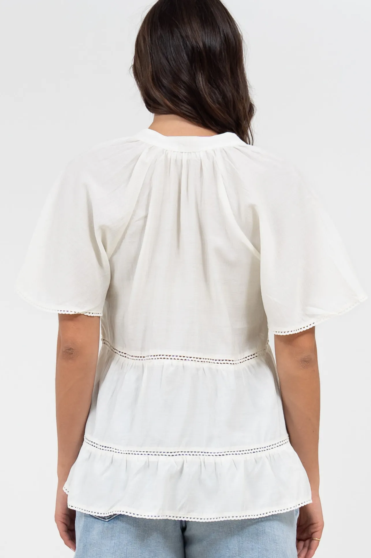 Ellery Top - Mandarin Collar Smock Top with Ladder Lace Insert Splicing in White>Salty Crush Online