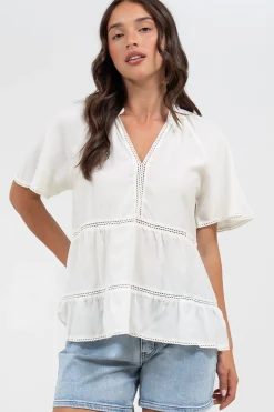 Ellery Top - Mandarin Collar Smock Top with Ladder Lace Insert Splicing in White><noscript><img width=