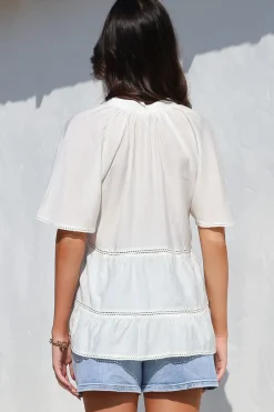 Ellery Top - Mandarin Collar Smock Top with Ladder Lace Insert Splicing in White><noscript><img width=