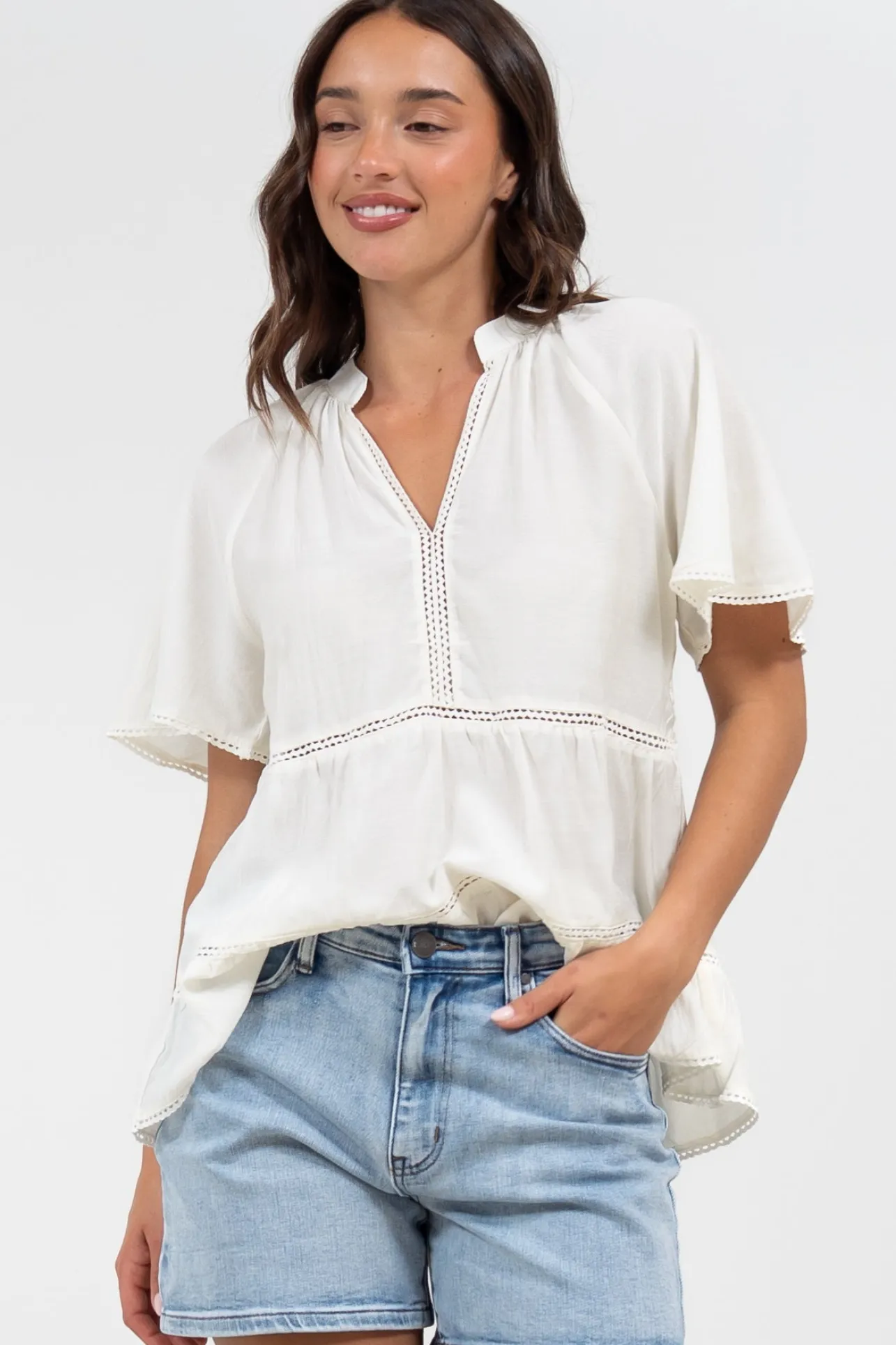 Ellery Top - Mandarin Collar Smock Top with Ladder Lace Insert Splicing in White>Salty Crush Online