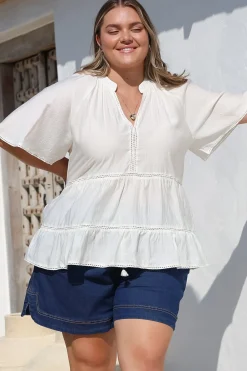 Ellery Top - Mandarin Collar Smock Top with Ladder Lace Insert Splicing in White><noscript><img width=