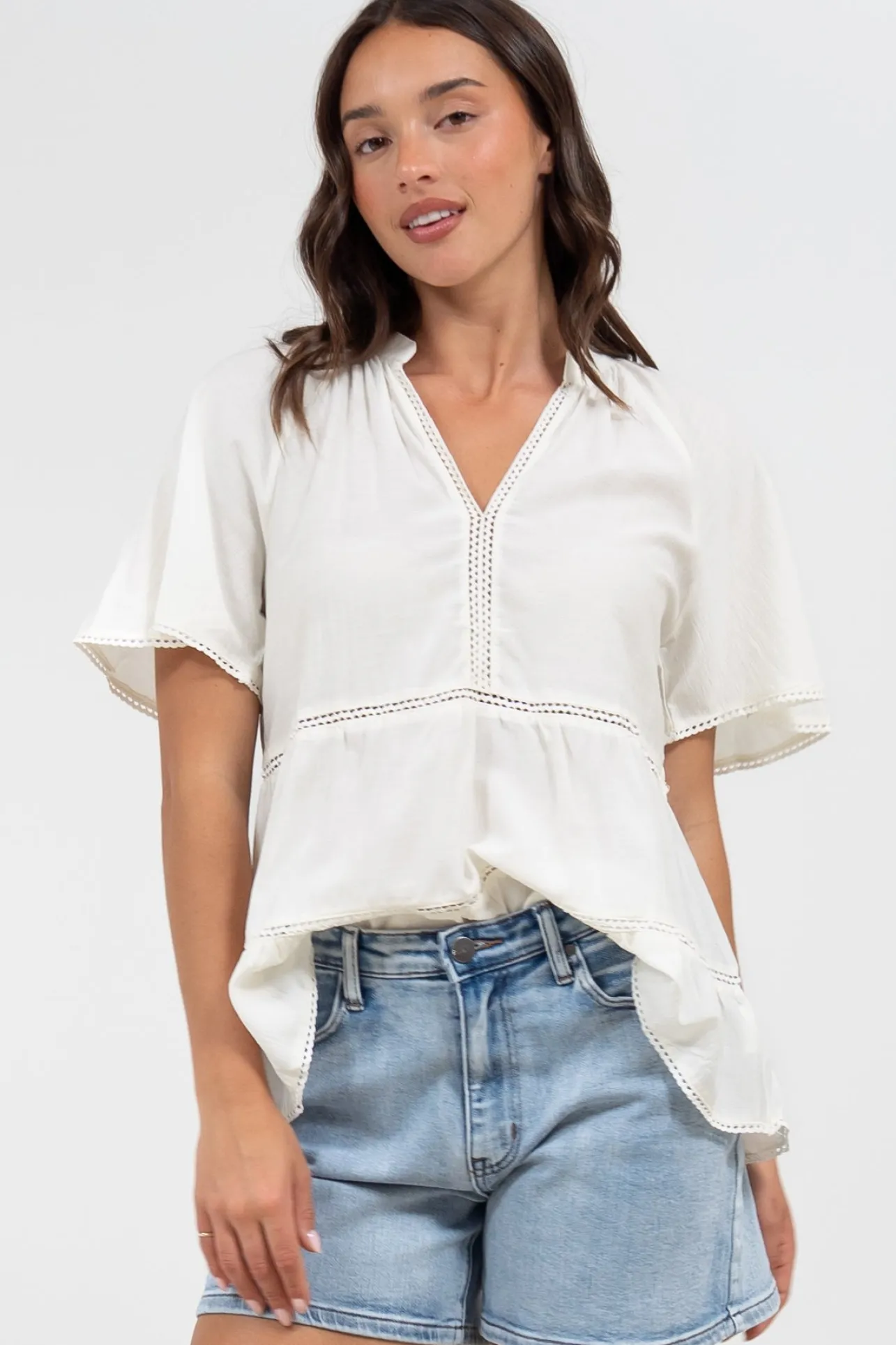 Ellery Top - Mandarin Collar Smock Top with Ladder Lace Insert Splicing in White>Salty Crush Online