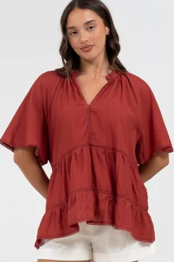 Ellery Top - Mandarin Collar Smock Top with Ladder Lace Insert Splicing in Rust>Salty Crush Best