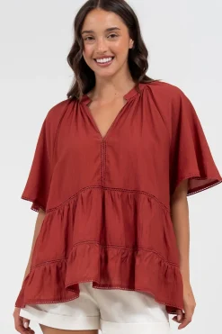 Ellery Top - Mandarin Collar Smock Top with Ladder Lace Insert Splicing in Rust>Salty Crush Best