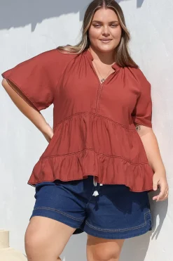 Ellery Top - Mandarin Collar Smock Top with Ladder Lace Insert Splicing in Rust><noscript><img width=