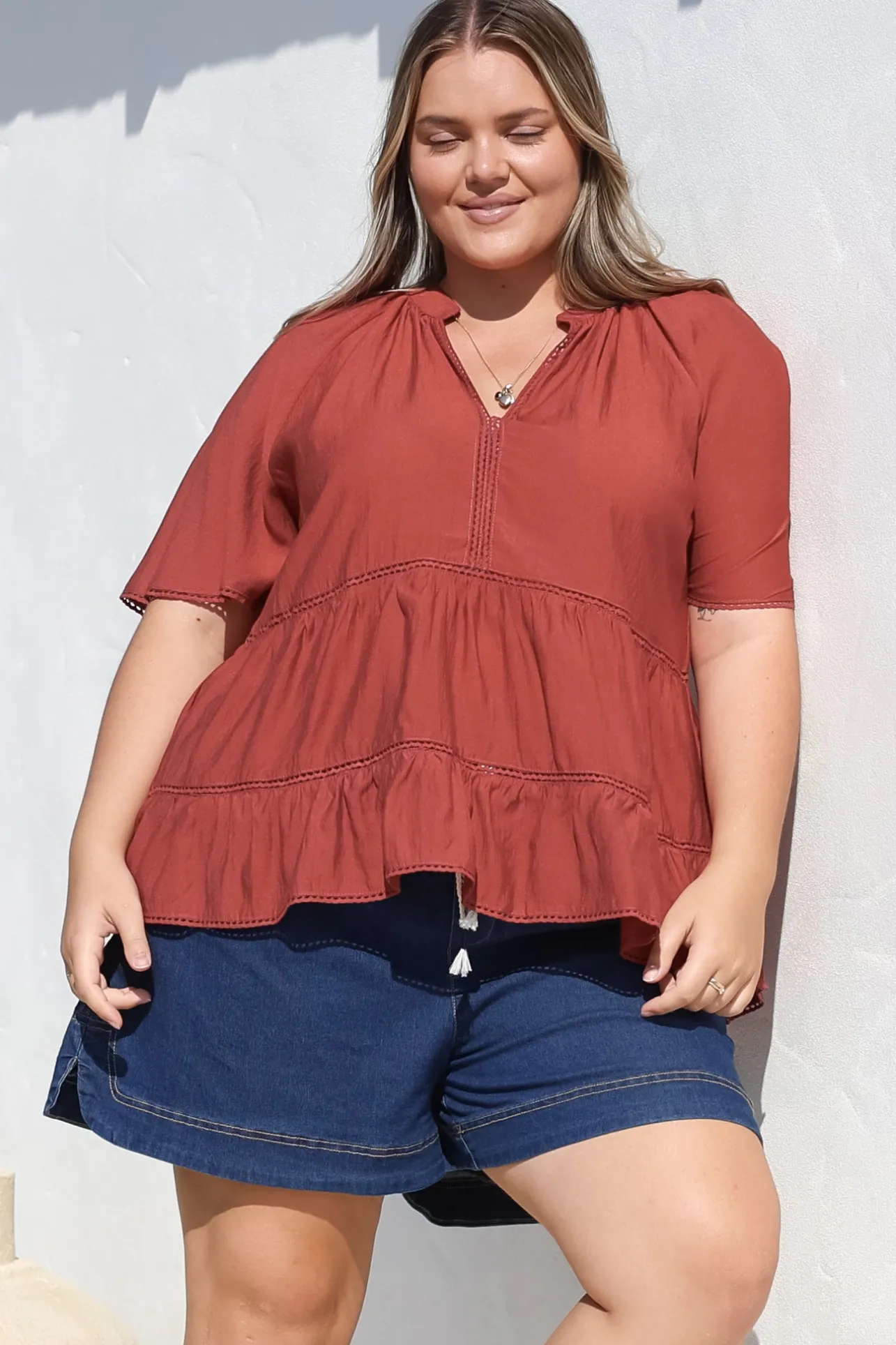 Ellery Top - Mandarin Collar Smock Top with Ladder Lace Insert Splicing in Rust>Salty Crush Best