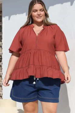 Ellery Top - Mandarin Collar Smock Top with Ladder Lace Insert Splicing in Rust><noscript><img width=