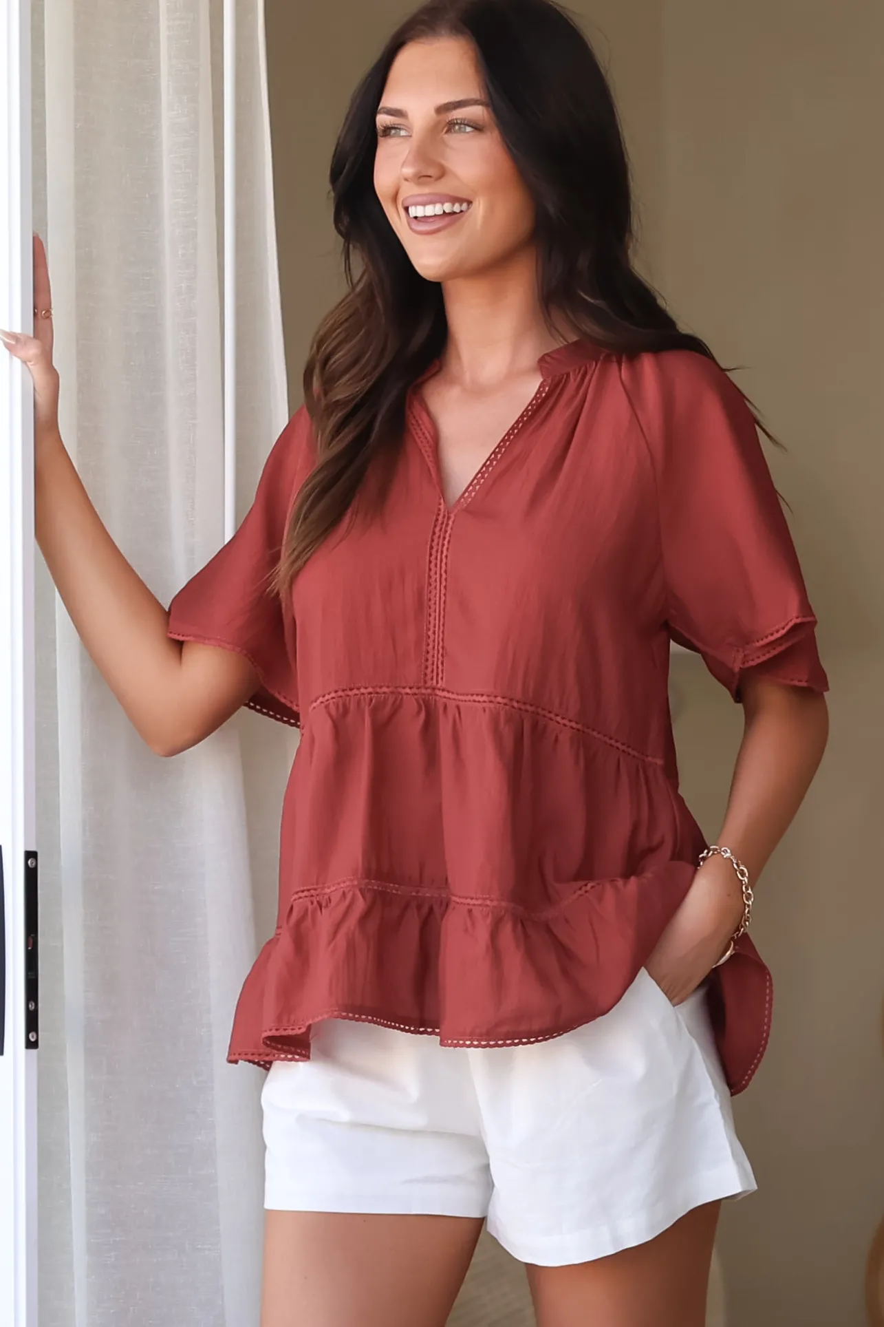 Ellery Top - Mandarin Collar Smock Top with Ladder Lace Insert Splicing in Rust>Salty Crush Best