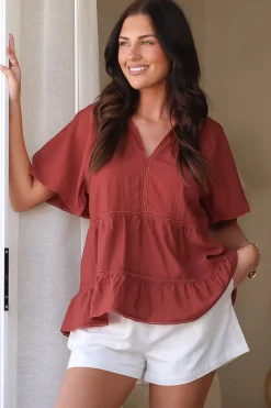 Ellery Top - Mandarin Collar Smock Top with Ladder Lace Insert Splicing in Rust><noscript><img width=