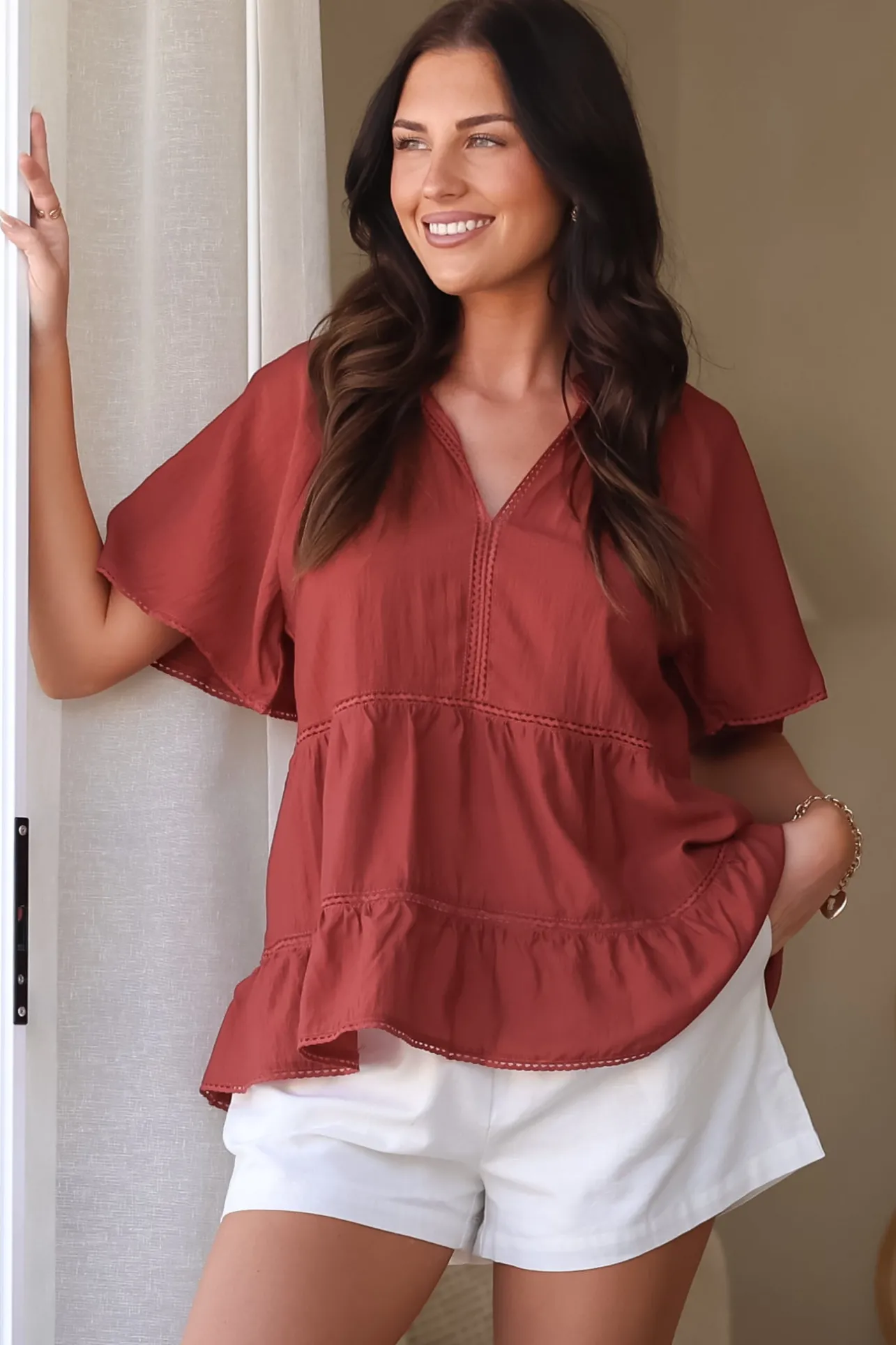 Ellery Top - Mandarin Collar Smock Top with Ladder Lace Insert Splicing in Rust>Salty Crush Best