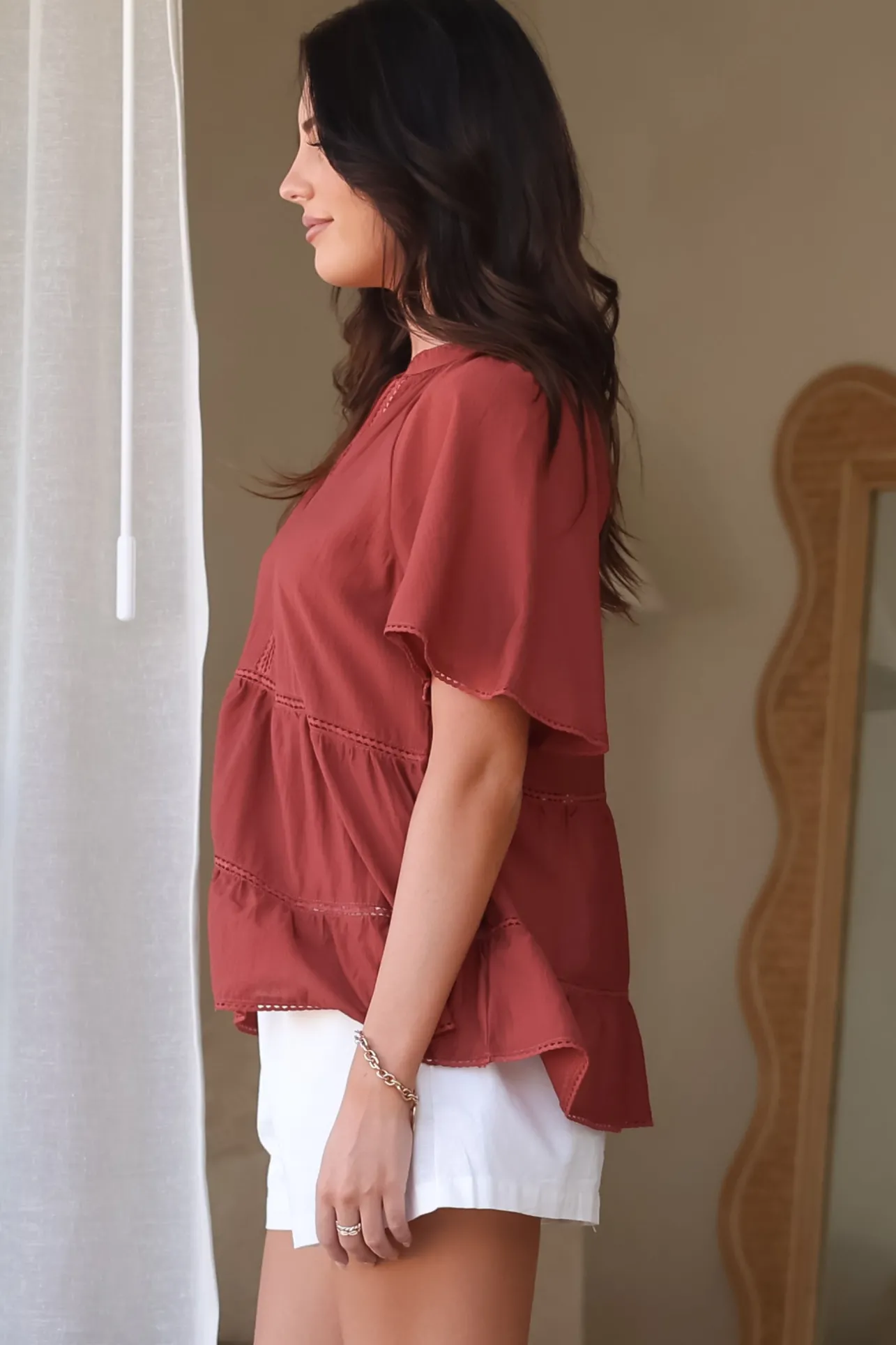Ellery Top - Mandarin Collar Smock Top with Ladder Lace Insert Splicing in Rust>Salty Crush Best