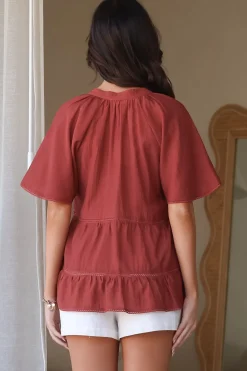 Ellery Top - Mandarin Collar Smock Top with Ladder Lace Insert Splicing in Rust><noscript><img width=
