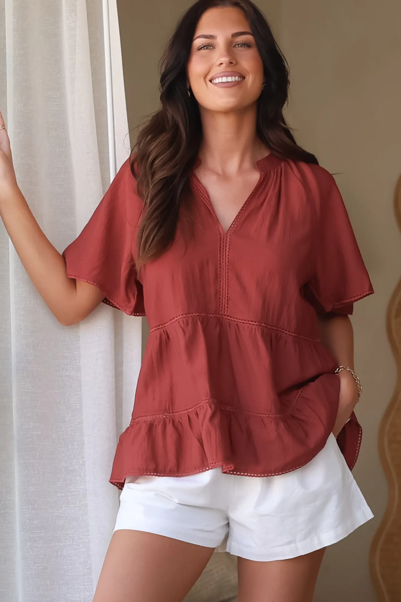 Ellery Top - Mandarin Collar Smock Top with Ladder Lace Insert Splicing in Rust>Salty Crush Best