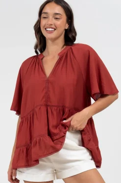 Ellery Top - Mandarin Collar Smock Top with Ladder Lace Insert Splicing in Rust><noscript><img width=