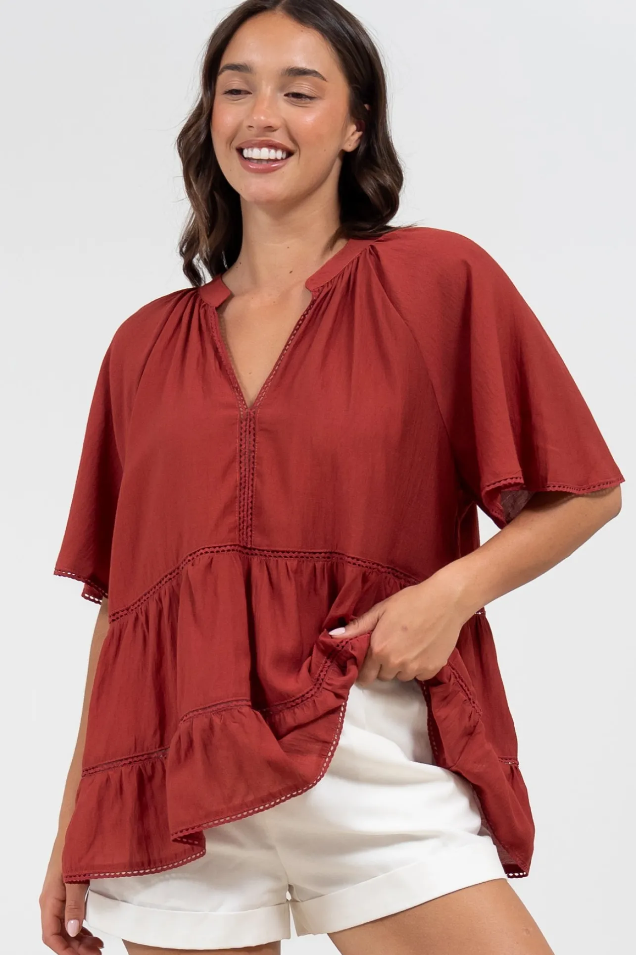 Ellery Top - Mandarin Collar Smock Top with Ladder Lace Insert Splicing in Rust>Salty Crush Best