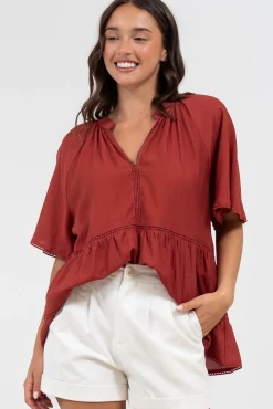 Ellery Top - Mandarin Collar Smock Top with Ladder Lace Insert Splicing in Rust><noscript><img width=