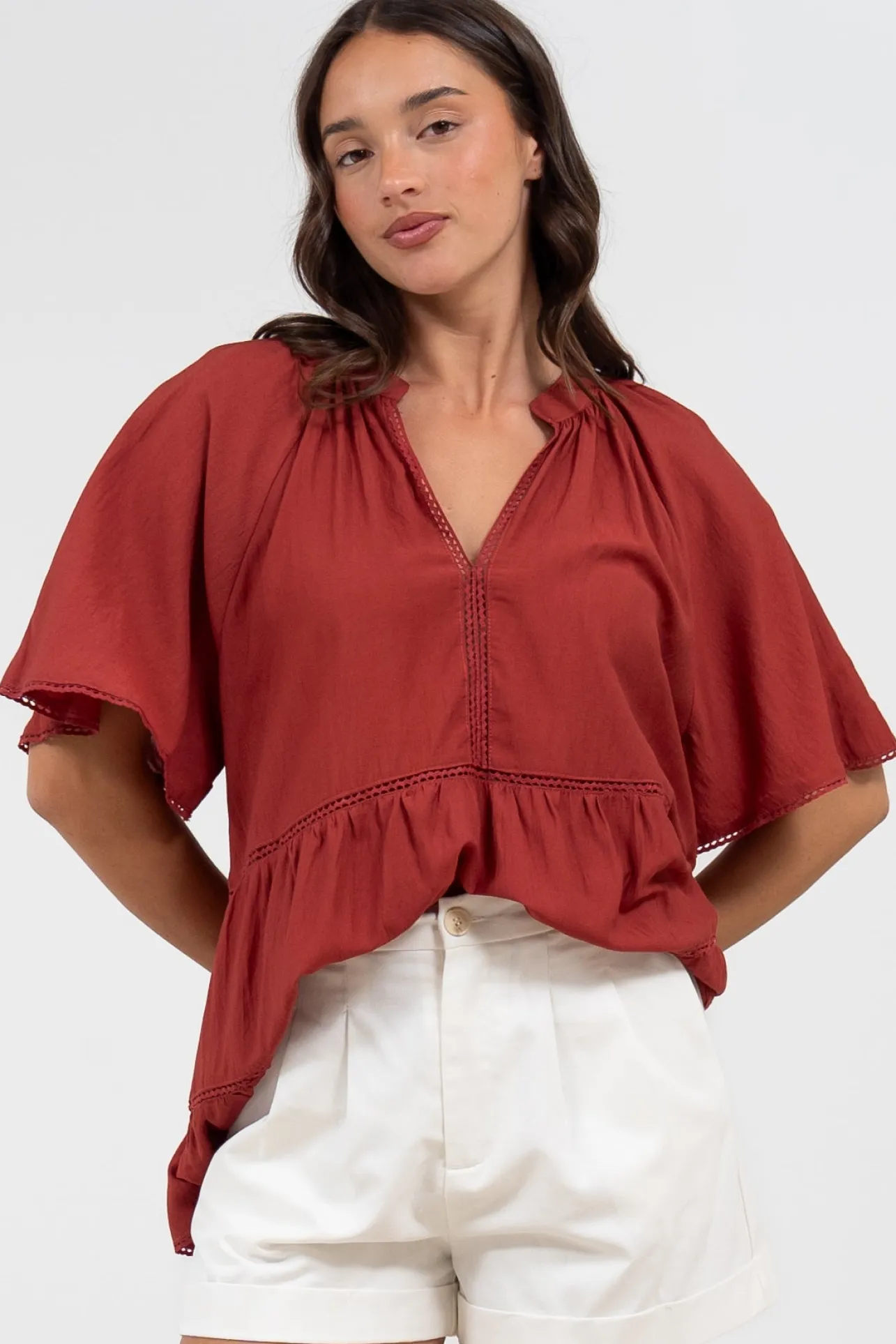 Ellery Top - Mandarin Collar Smock Top with Ladder Lace Insert Splicing in Rust>Salty Crush Best