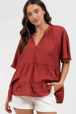 Ellery Top - Mandarin Collar Smock Top with Ladder Lace Insert Splicing in Rust><noscript><img width=