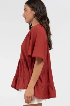 Ellery Top - Mandarin Collar Smock Top with Ladder Lace Insert Splicing in Rust><noscript><img width=