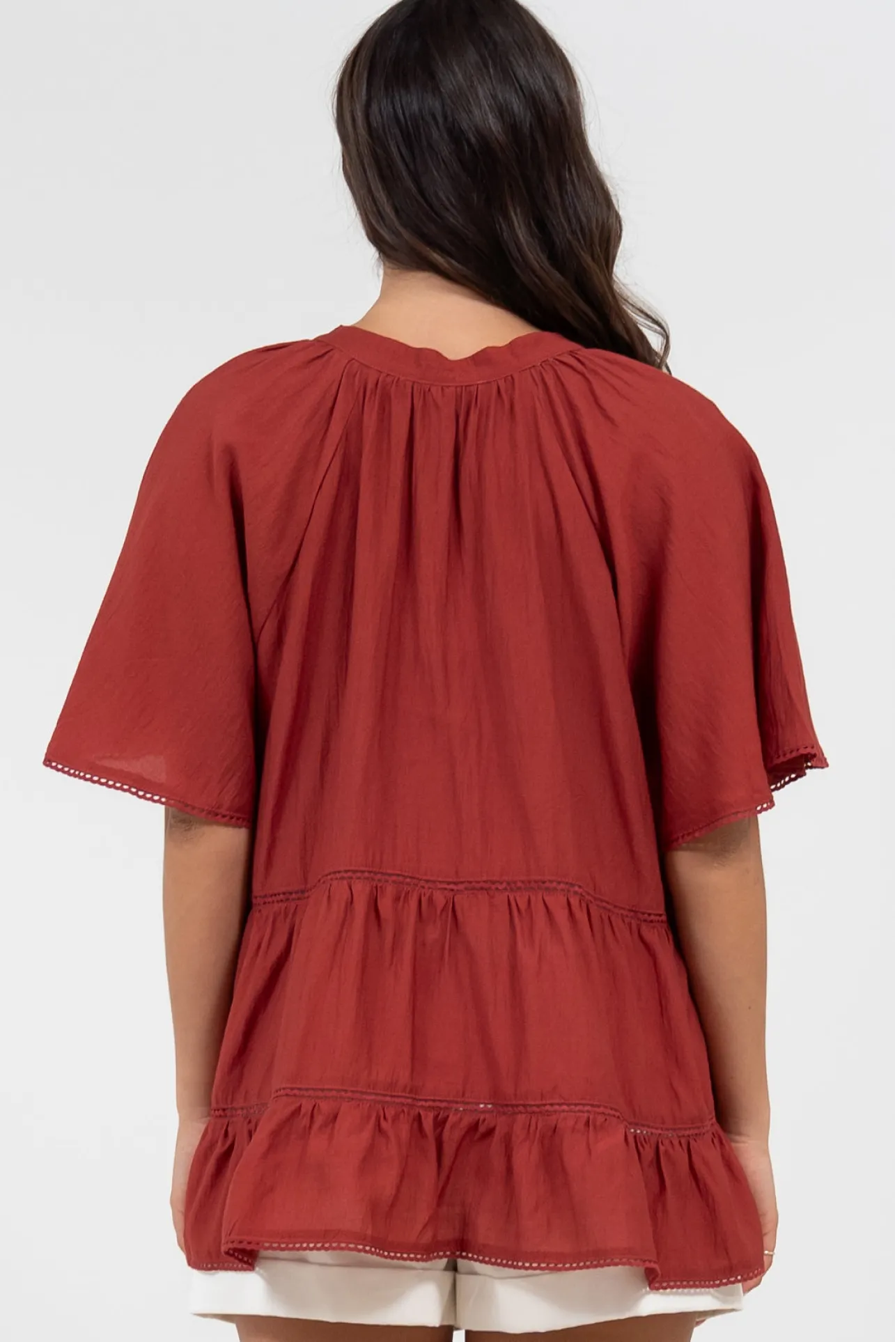 Ellery Top - Mandarin Collar Smock Top with Ladder Lace Insert Splicing in Rust>Salty Crush Best