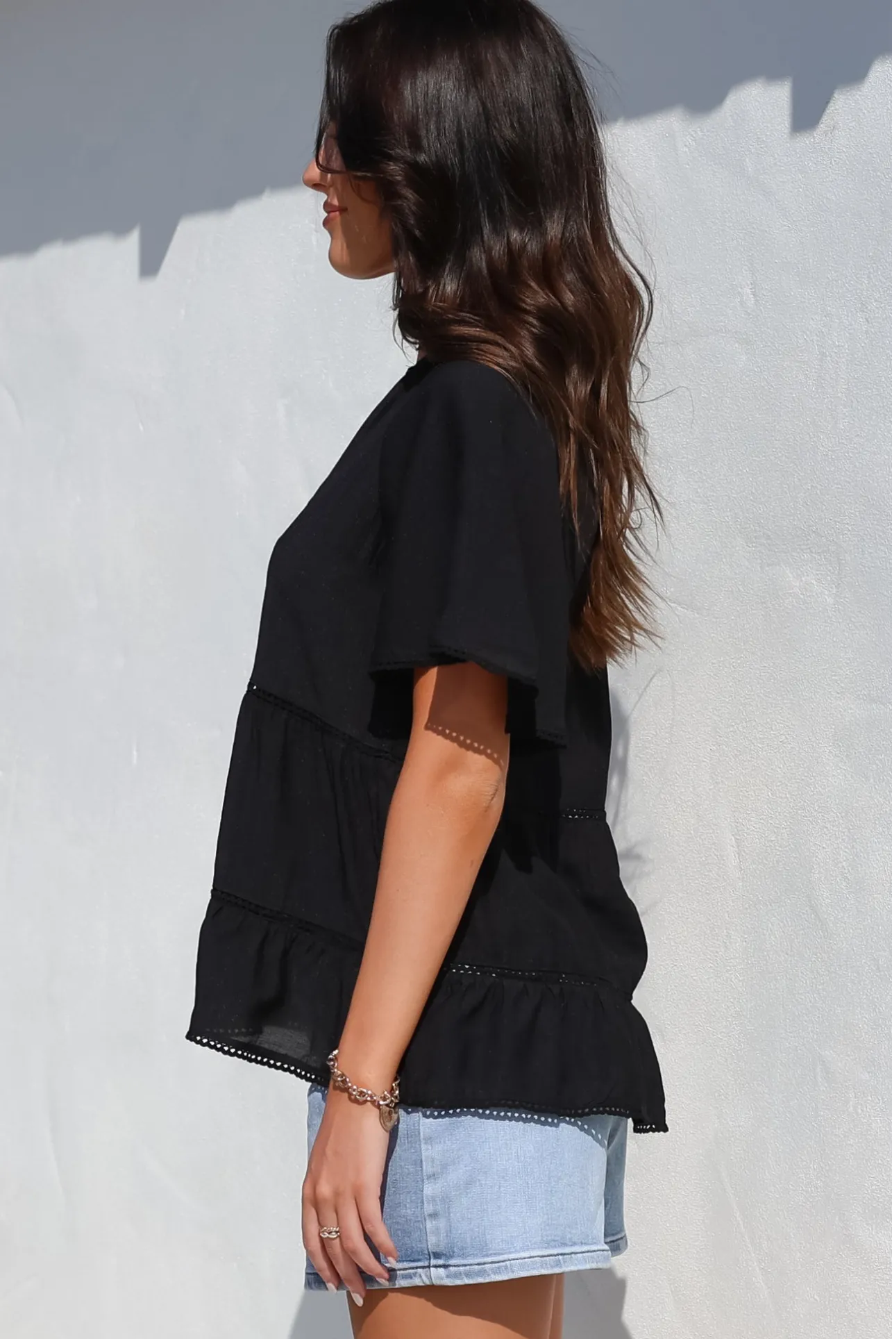 Ellery Top - Mandarin Collar Smock Top with Ladder Lace Insert Splicing in Black>Salty Crush Discount