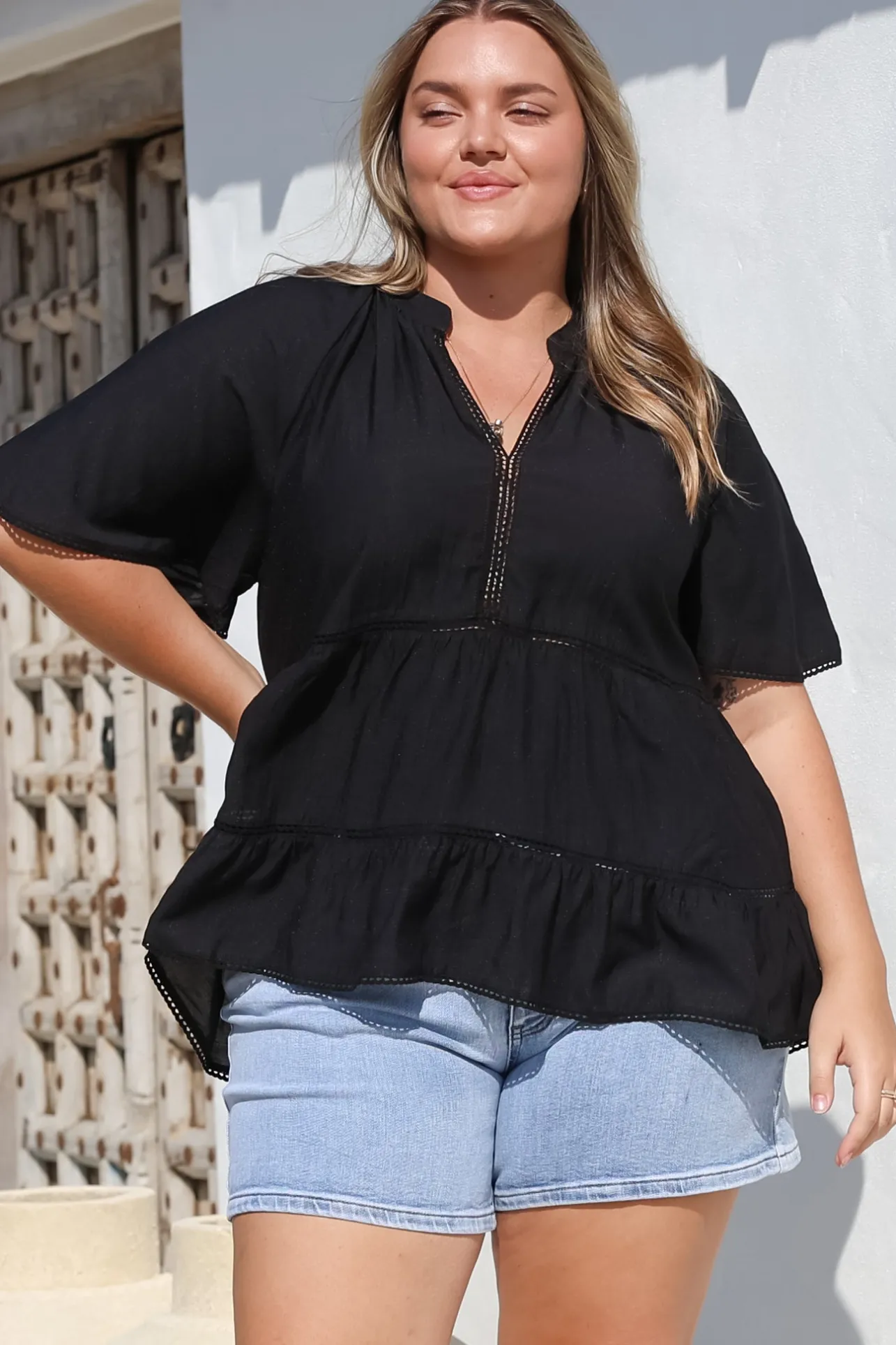 Ellery Top - Mandarin Collar Smock Top with Ladder Lace Insert Splicing in Black>Salty Crush Discount