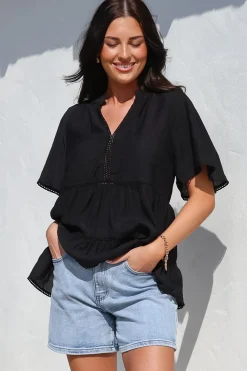 Ellery Top - Mandarin Collar Smock Top with Ladder Lace Insert Splicing in Black><noscript><img width=