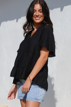 Ellery Top - Mandarin Collar Smock Top with Ladder Lace Insert Splicing in Black><noscript><img width=