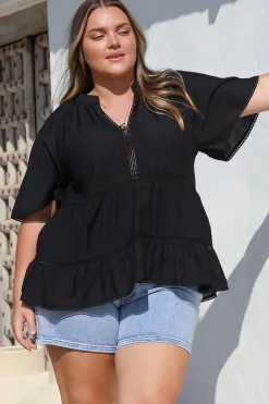 Ellery Top - Mandarin Collar Smock Top with Ladder Lace Insert Splicing in Black><noscript><img width=