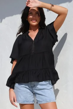 Ellery Top - Mandarin Collar Smock Top with Ladder Lace Insert Splicing in Black><noscript><img width=