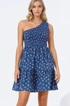 Elmira Mini Dress - One Shoulder Elasticated Bodice Tiered Dress in Astrid Print><noscript><img width=