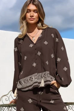 Elowen Blouse - Mandarin Collar Button Down with Neck Tie and Tassels in Vesper Print Brown>Salty Crush Hot