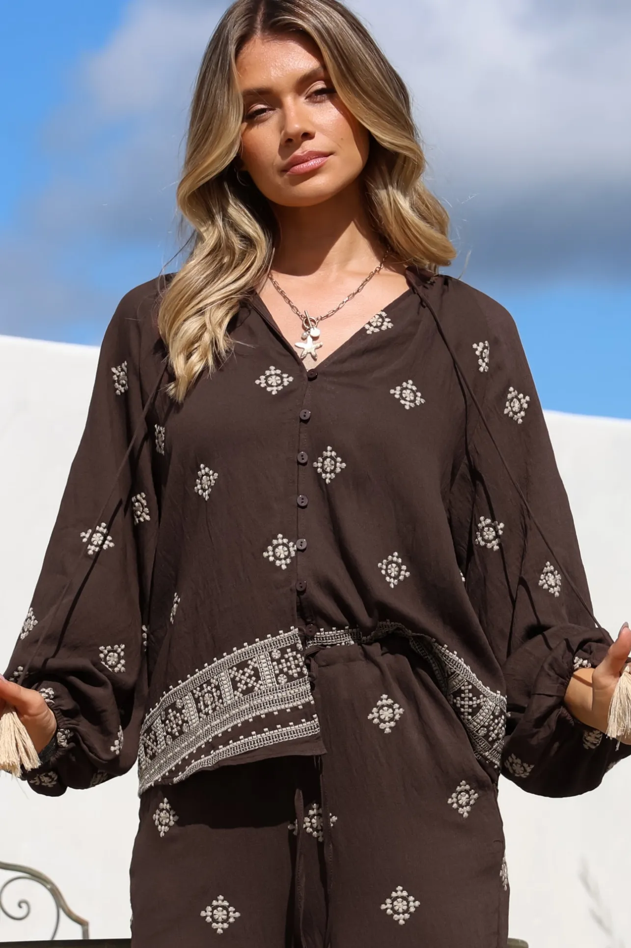 Elowen Blouse - Mandarin Collar Button Down with Neck Tie and Tassels in Vesper Print Brown>Salty Crush Hot