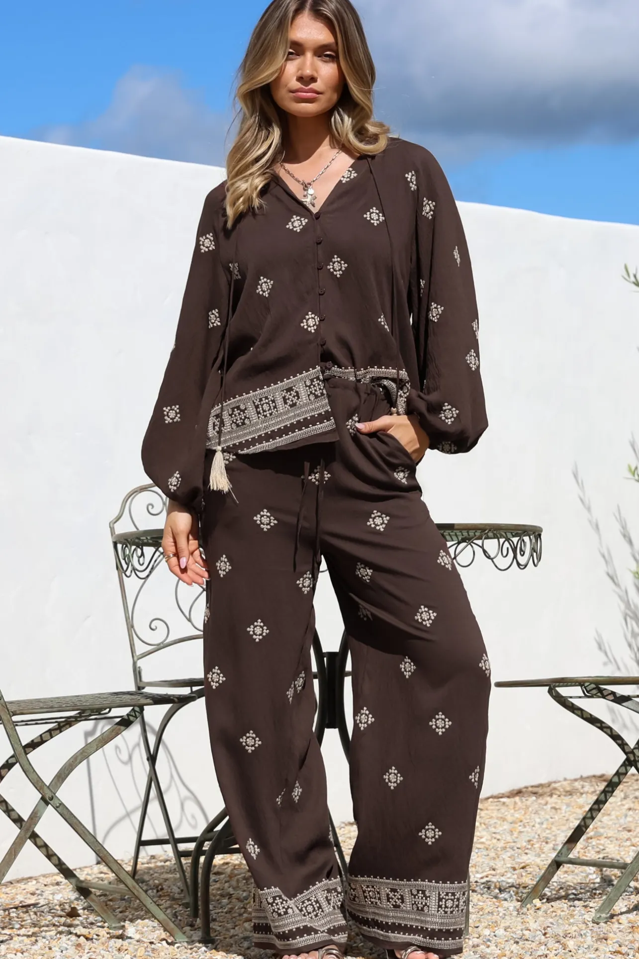 Elowen Blouse - Mandarin Collar Button Down with Neck Tie and Tassels in Vesper Print Brown>Salty Crush Hot